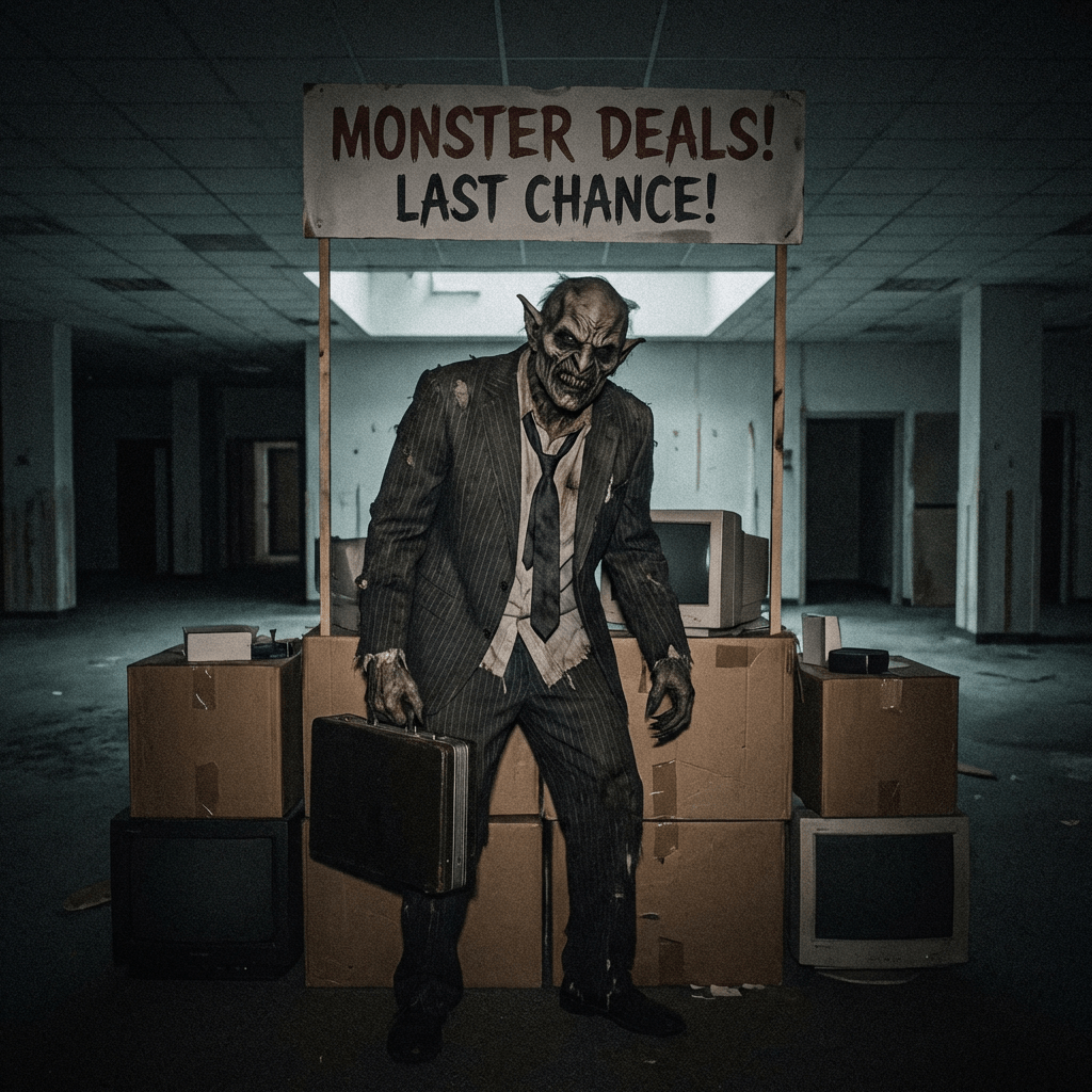 Monster in a suit by a sign saying MONSTER DEALS! LAST CHANCE!
