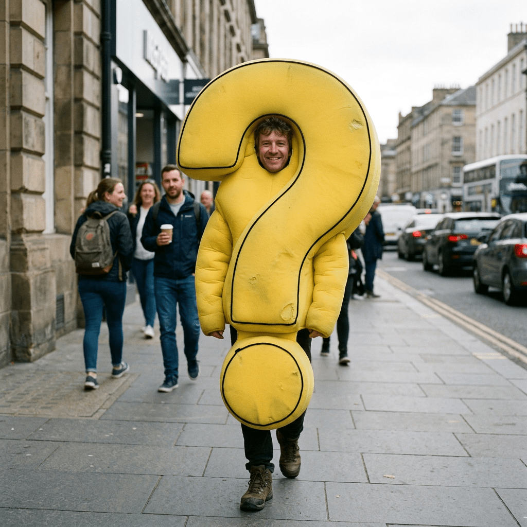 Man wearing a large yellow question mark costume walking on a city sidewalk
